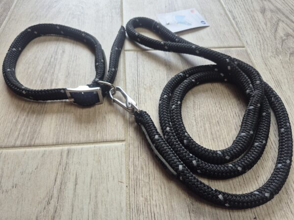 Collier pour chien + laisse 1m50 noir réfléchissant