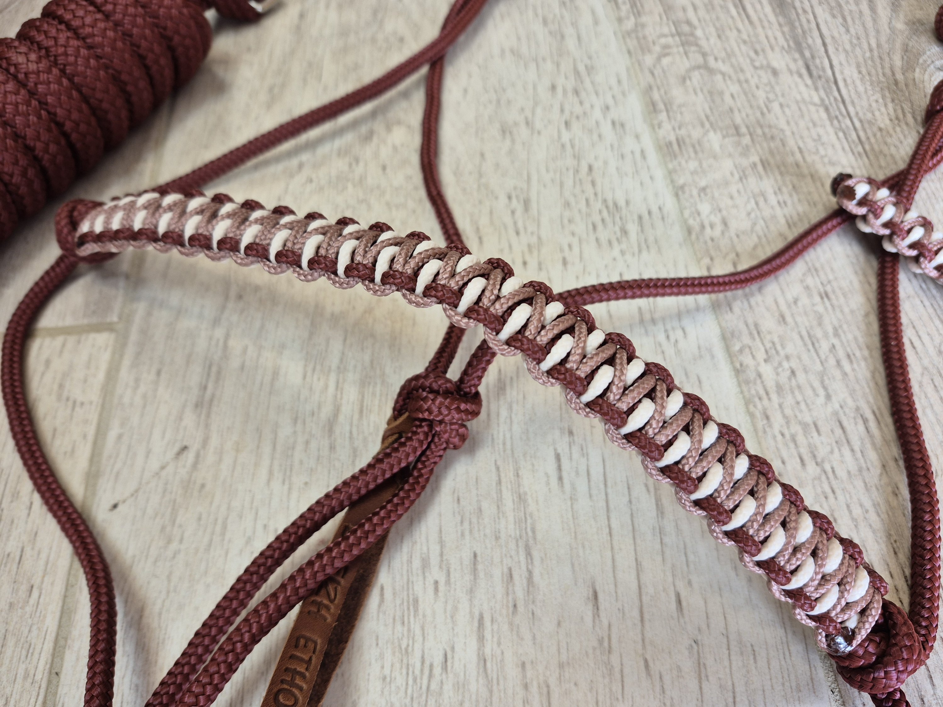 CHEVAL - Licol roti tressé Mély roti rose gold et crème + rênes 3m